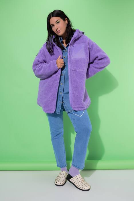 Teddy jas, oversized, capuchon, lange mouw