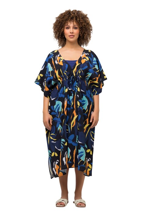Kaftan, lístky, otevřený střih, vázací pásek, krátké rukávy