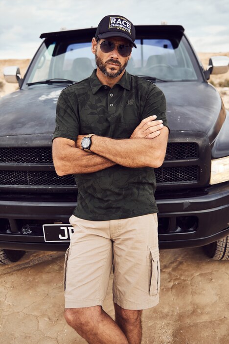 Polo shirt, short sleeve, piqué, floral print, concealed button band