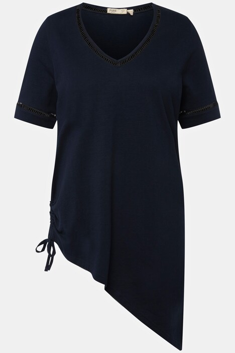 T-shirt long avec ruban à fronces, col en V et manches courtes, coton bio