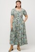 midi jurk, bloemen, linnenblend, ronde hals, korte pofmouwen