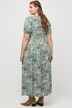 midi jurk, bloemen, linnenblend, ronde hals, korte pofmouwen
