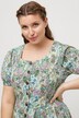 midi jurk, bloemen, linnenblend, ronde hals, korte pofmouwen