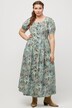 midi jurk, bloemen, linnenblend, ronde hals, korte pofmouwen