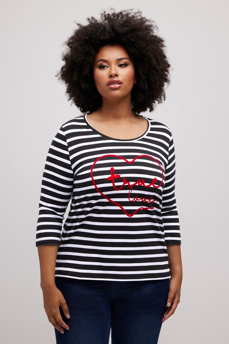 Shirt, stribet, hjerte, classic, rund hals, 3/4-ærme