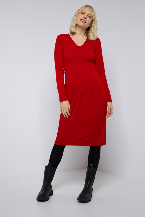 Midikleid, Feinstrick, V-Ausschnitt, Faltenrock, Langarm