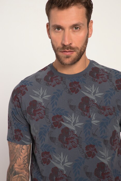 T-shirt, short sleeve, floral print, used look, round neck