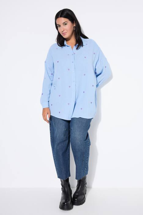Hemdbluse, oversized, Musselin, Hearts-Stickerei