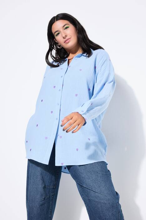 Hemdbluse, oversized, Musselin, Hearts-Stickerei