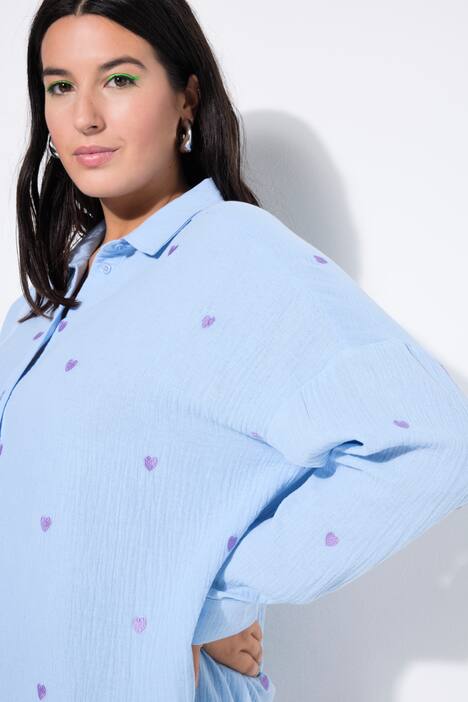 Hemdbluse, oversized, Musselin, Hearts-Stickerei