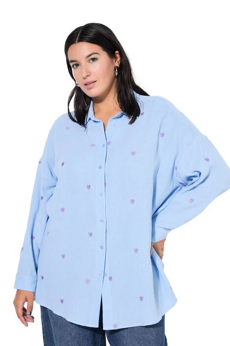 Košilová halenka, oversize, mušelín, výšivka srdce, límeček, dlouhé rukávy