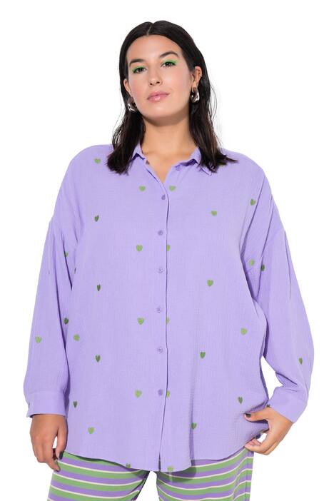 Košilová halenka, oversize, mušelín, výšivka srdce, límeček, dlouhé rukávy