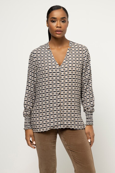 Bluse, Grafik Print, V-Ausschnitt, Langarm