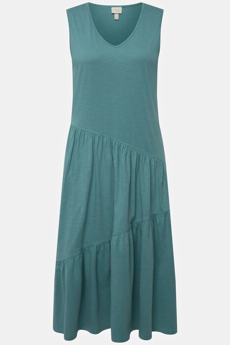 Robe midi sans manches, en coton bio. Décolleté en V. Silhouette en A.
