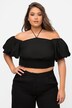 Top corto con spalle scoperte, orlo a punto smock e mezze maniche