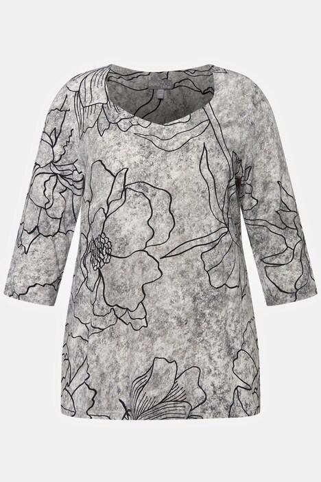 Monochrome Flower Print Stretch Blend Blouse
