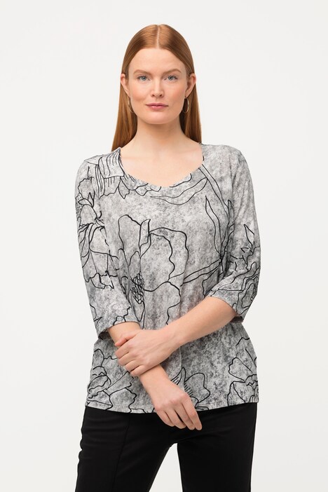 Monochrome Flower Print Stretch Blend Blouse
