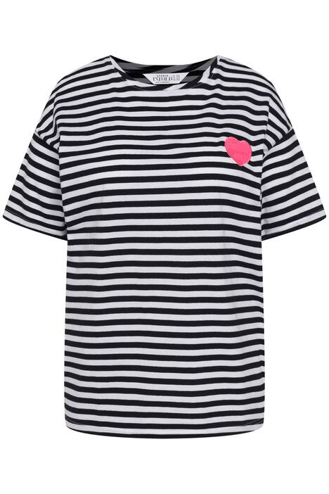 Pruhované tričko, oversize, neonové srdce, kulatý výstřih, krátké rukávy