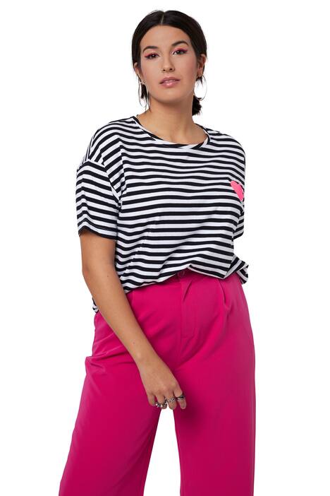 Pruhované tričko, oversize, neonové srdce, kulatý výstřih, krátké rukávy