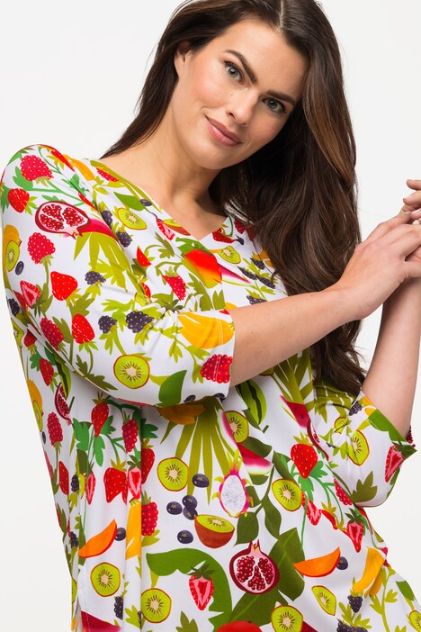 Camiseta, frutas, clásica, escote en V, media manga