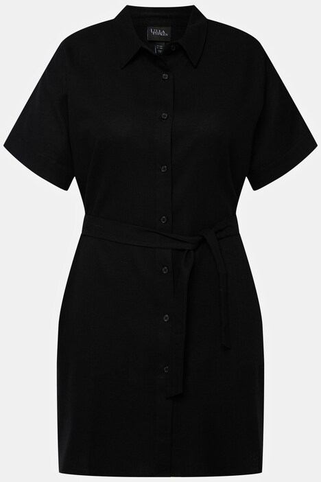 Linen Blend Button Down Short Sleeve Tunic Blouse
