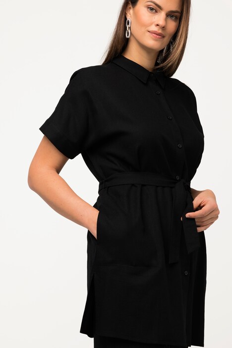 Linen Blend Button Down Short Sleeve Tunic Blouse