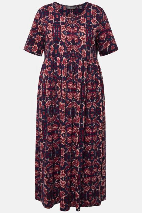 Robe midi, fleurs, ligne en A, col rond, manches courtes