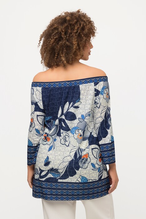Tunique en jersey oversize à fleurs, encolure Carmen, manches 3/4