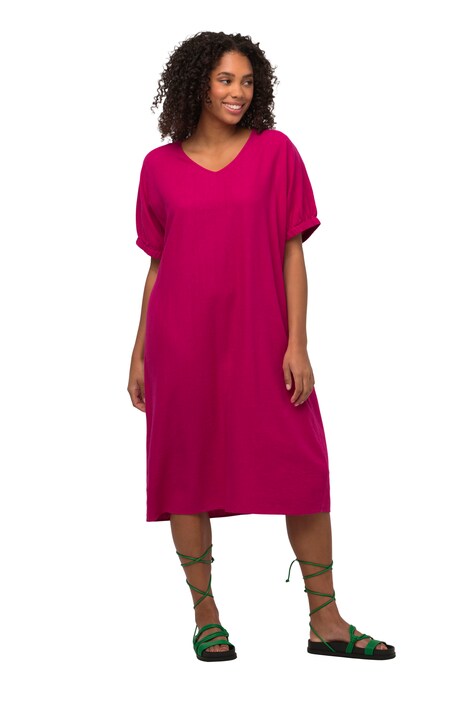 Šaty, lněná směs, oversize, výstřih do V, krátké rukávy
