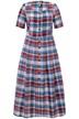 Kostkované šaty, lněná směs, kulatý výstřih, knoflíková léga, krátké rukávy