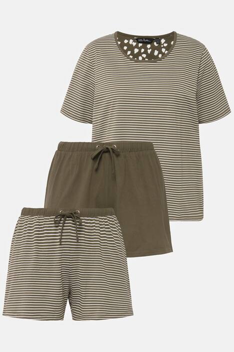 Shorty de pyjama, 3 pièces, rayures, col rond, manches courtes, short