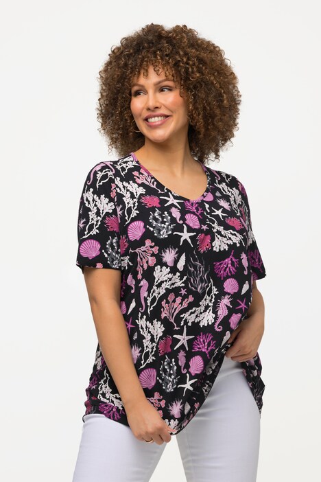 Coral Print Short Sleeve V-Neck Tee