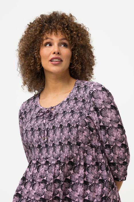 Smockbluse, muslinger, A-linje, rund hals, halværmer