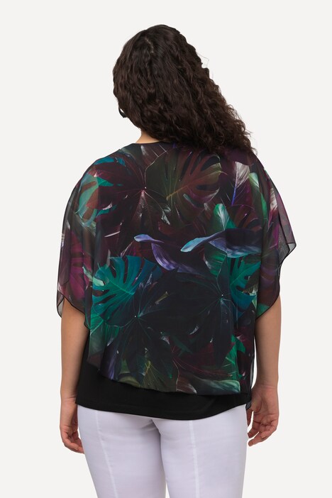 Layered Leaf Print Asymmetric Chiffon Blouse