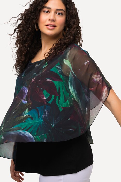 Layered Leaf Print Asymmetric Chiffon Blouse