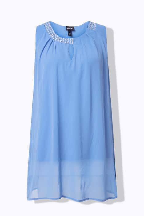 Lange tuniek, siersteentjes, A-lijn, ronde hals, mouwloos