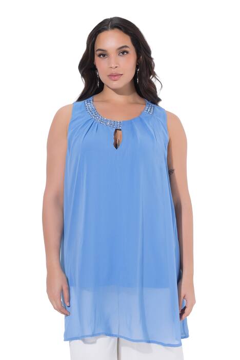 Dlouhá tunika, ozdobné kamínky, A střih, kulatý výstřih, bez rukávů