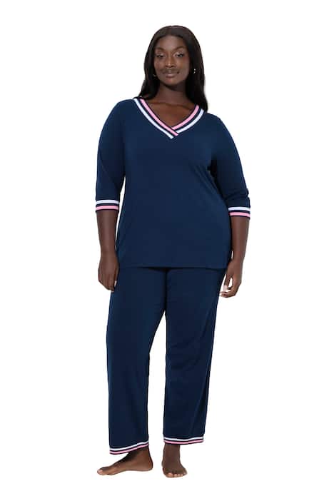 Pyžamo, sportovní detaily, výstřih do V, 3/4 rukávy