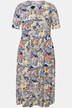 Robe midi à col en V et manches courtes. Ligne en A, motif imprimé et volant.