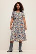 Robe midi à col en V et manches courtes. Ligne en A, motif imprimé et volant.