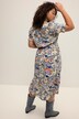 Robe midi à col en V et manches courtes. Ligne en A, motif imprimé et volant.