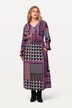 Midi-jurk, patchprint, wikkel-look, V-hals, lange mouw