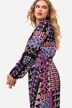 Midi-jurk, patchprint, wikkel-look, V-hals, lange mouw