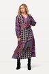 Midi-jurk, patchprint, wikkel-look, V-hals, lange mouw