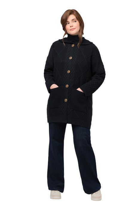 Rozepínací svetr, copový vzor, oversize, kapuce, biobavlna