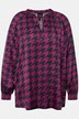 Satijnen blouse, pied-de-poule-patroon, boxy, ronde hals, lange mouw