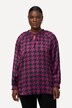 Satijnen blouse, pied-de-poule-patroon, boxy, ronde hals, lange mouw