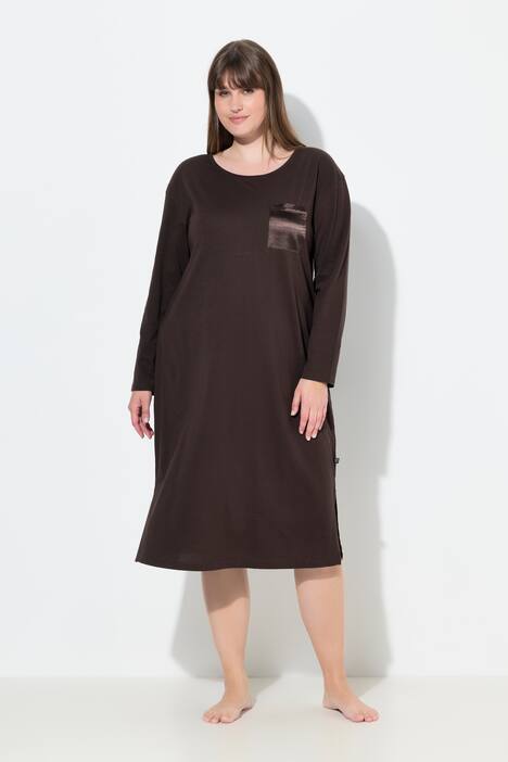 Chemise de nuit à col rond et manches longues, poche poitrine en satin