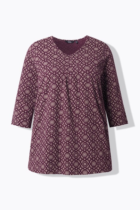 T-shirt à ligne en A, col en V et manches 3/4, jolis plis creux