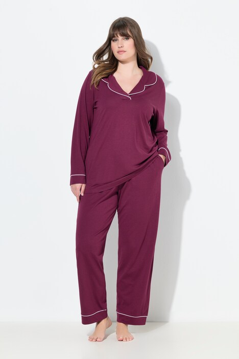 Pyjama manches longues, passepoils fantaisie, décolleté en V